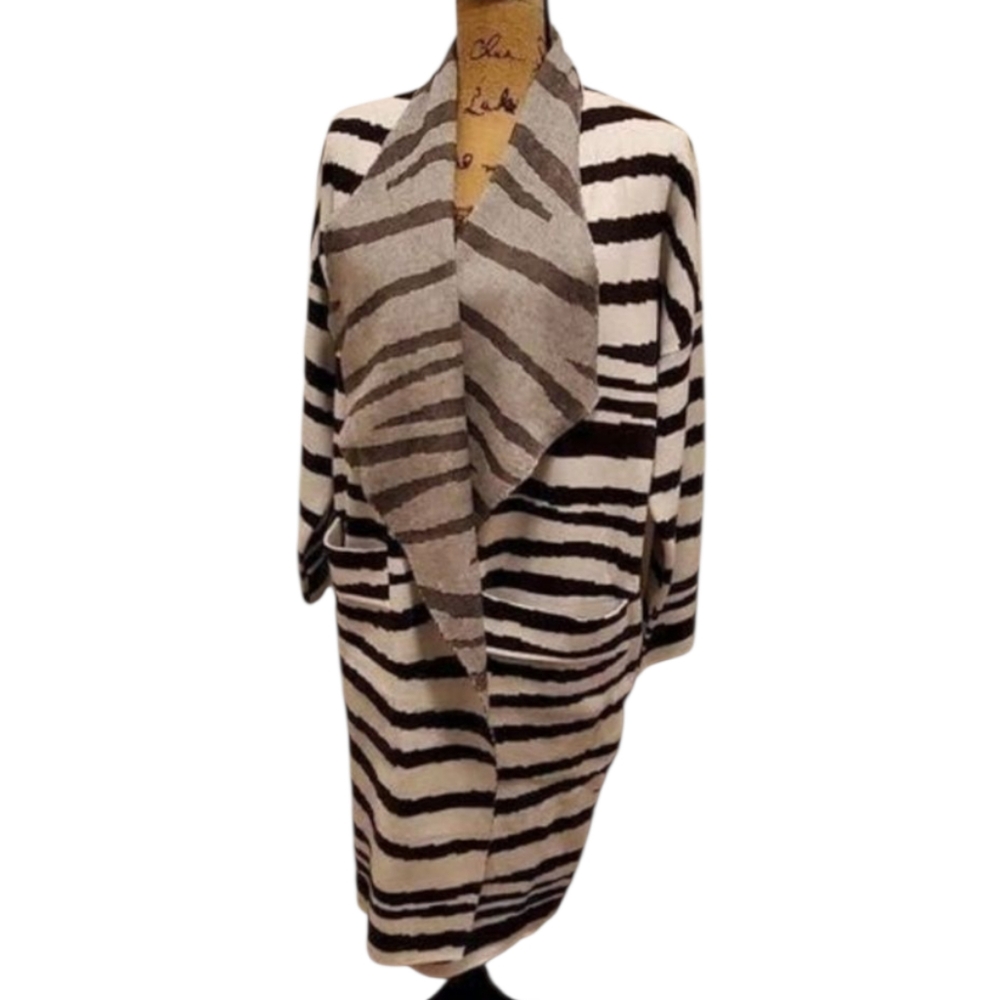 Ontwelfth Zebra Stripe Open Front Duster Cardigan Sweater Black Cream Large